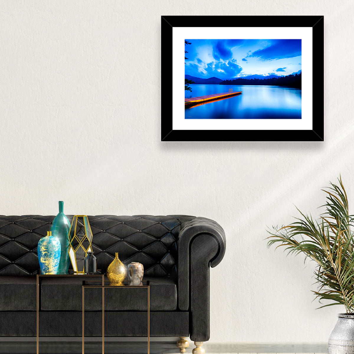 Lake Santeetlah Pier at Dusk Wall Art in a room, landscape