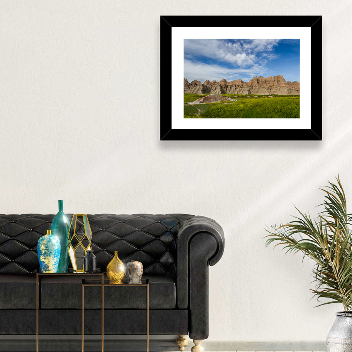 Badlands Meadow and Rock Formations Wall Art in a room, landscape