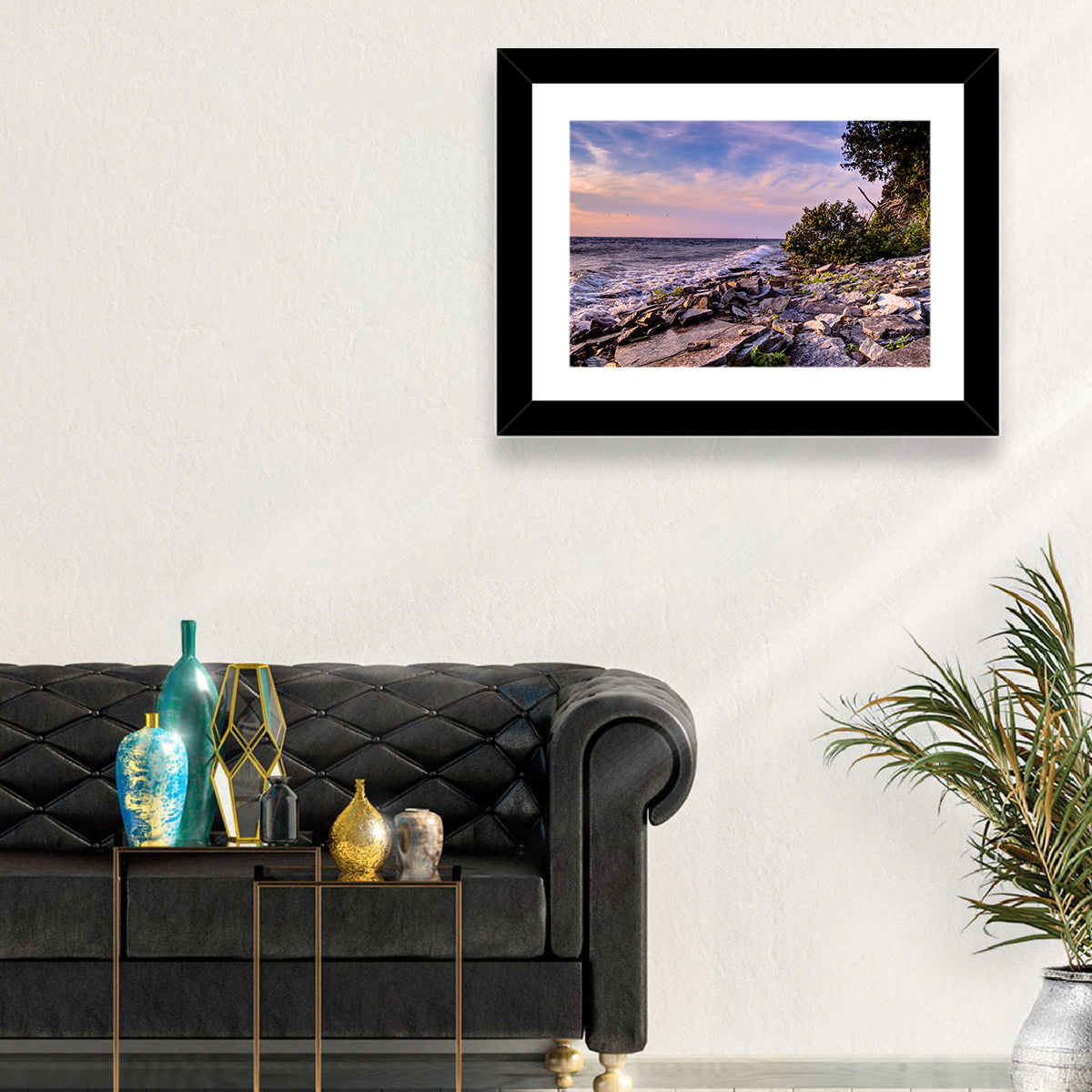 Lake Michigan Rocky Shoreline at Dusk Wall Art in a room, landscape