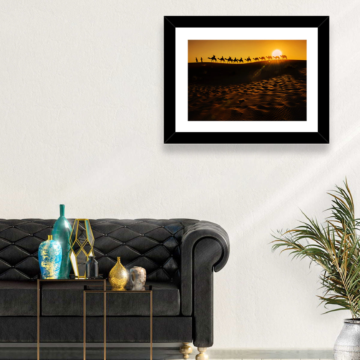 Camel Caravan Silhouette at Golden Sunset Wall Art in a room, landscape