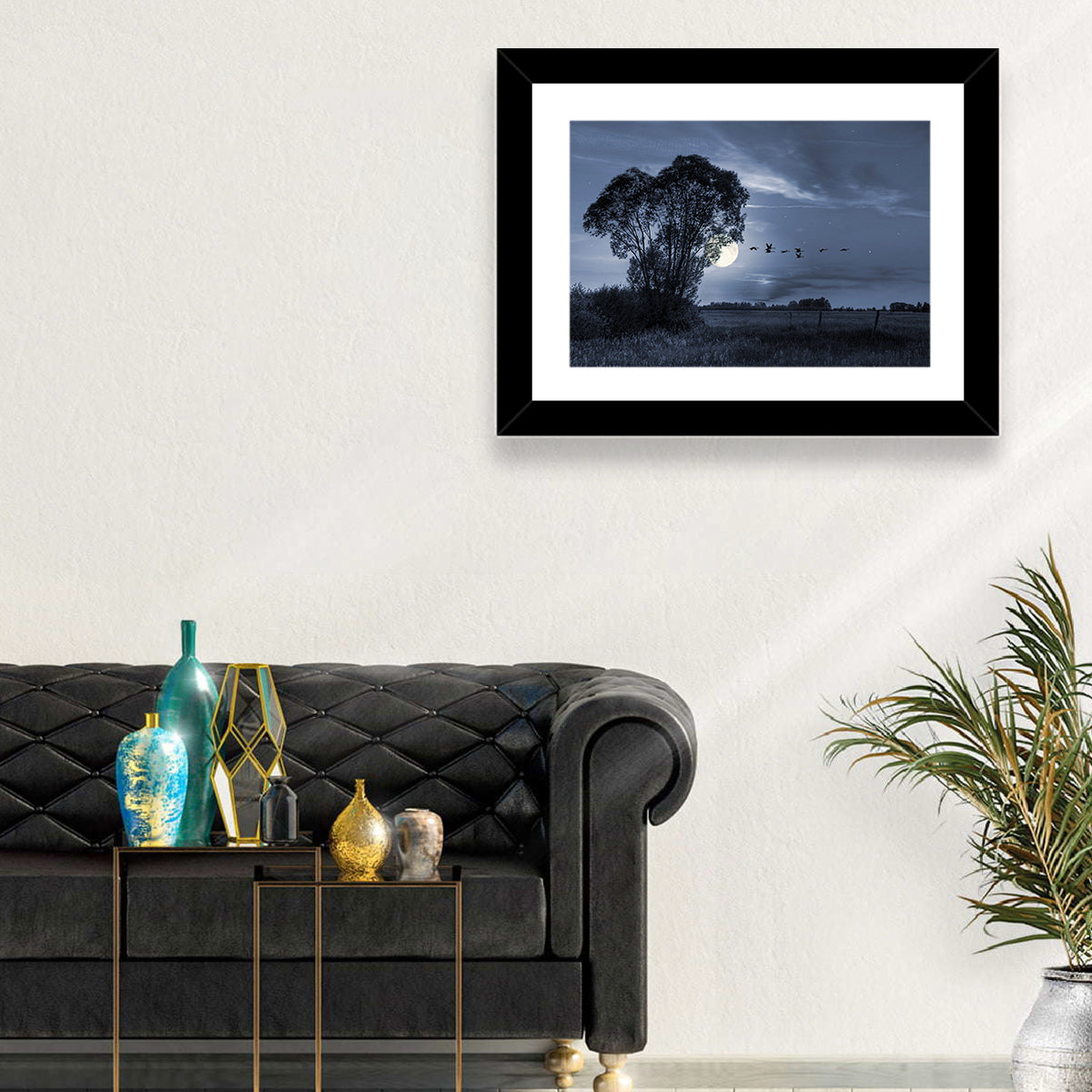 Moonlit Birds Over Quiet Field Wall Art in a room, landscape