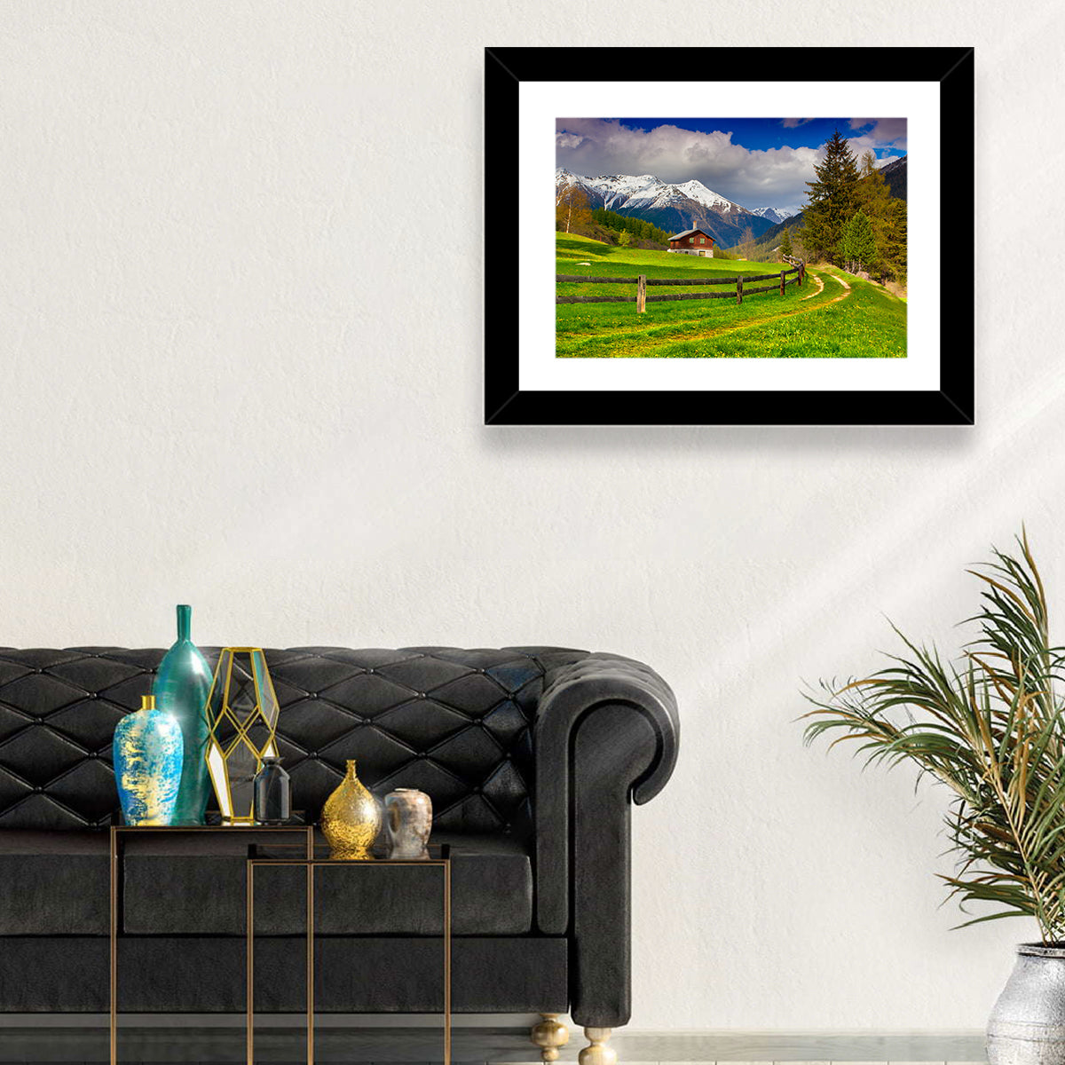 Alpine Meadow Cabin, Swiss Alps Wall Art in a room, landscape