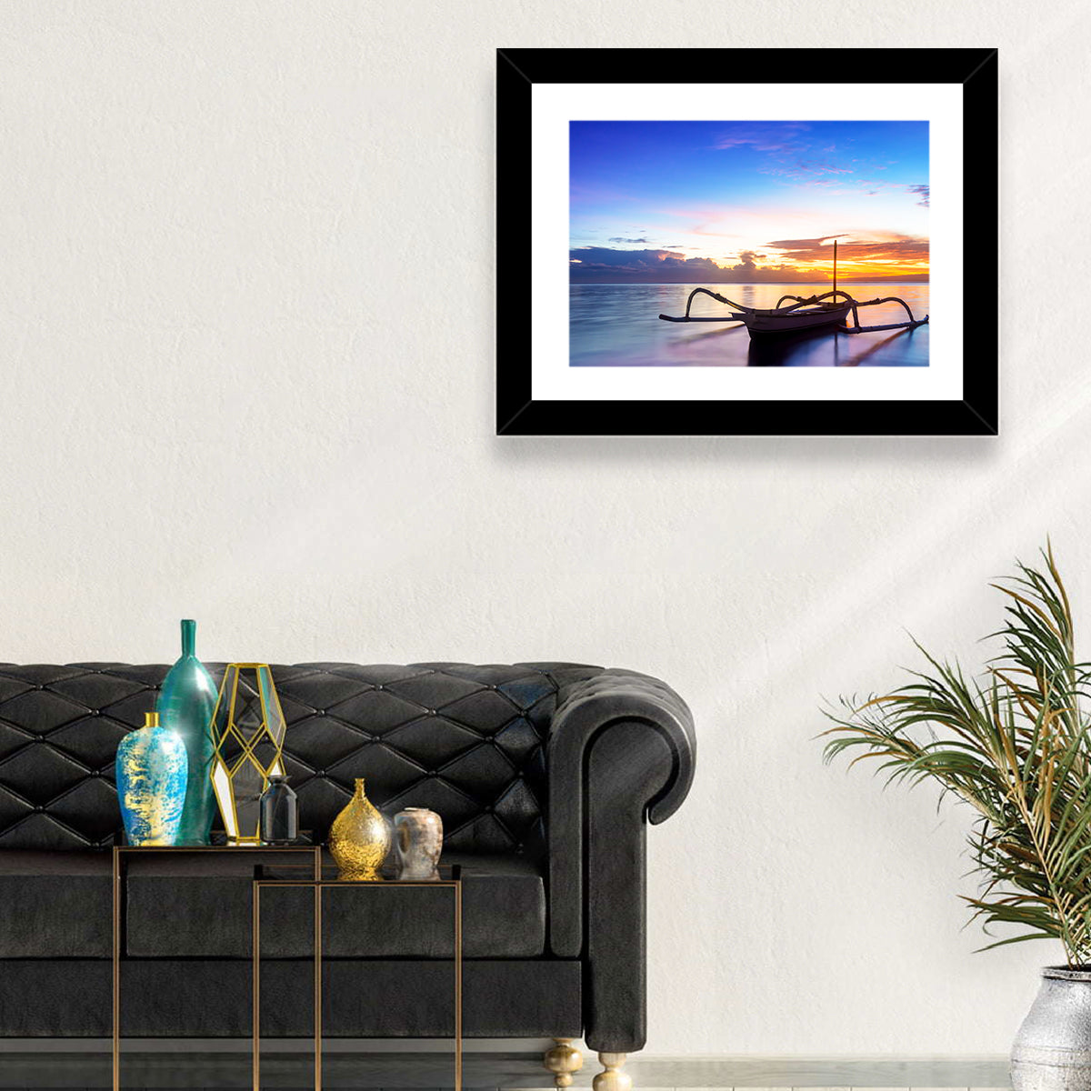 Jukung Fishing Boat at Sunset Wall Art in a room, landscape