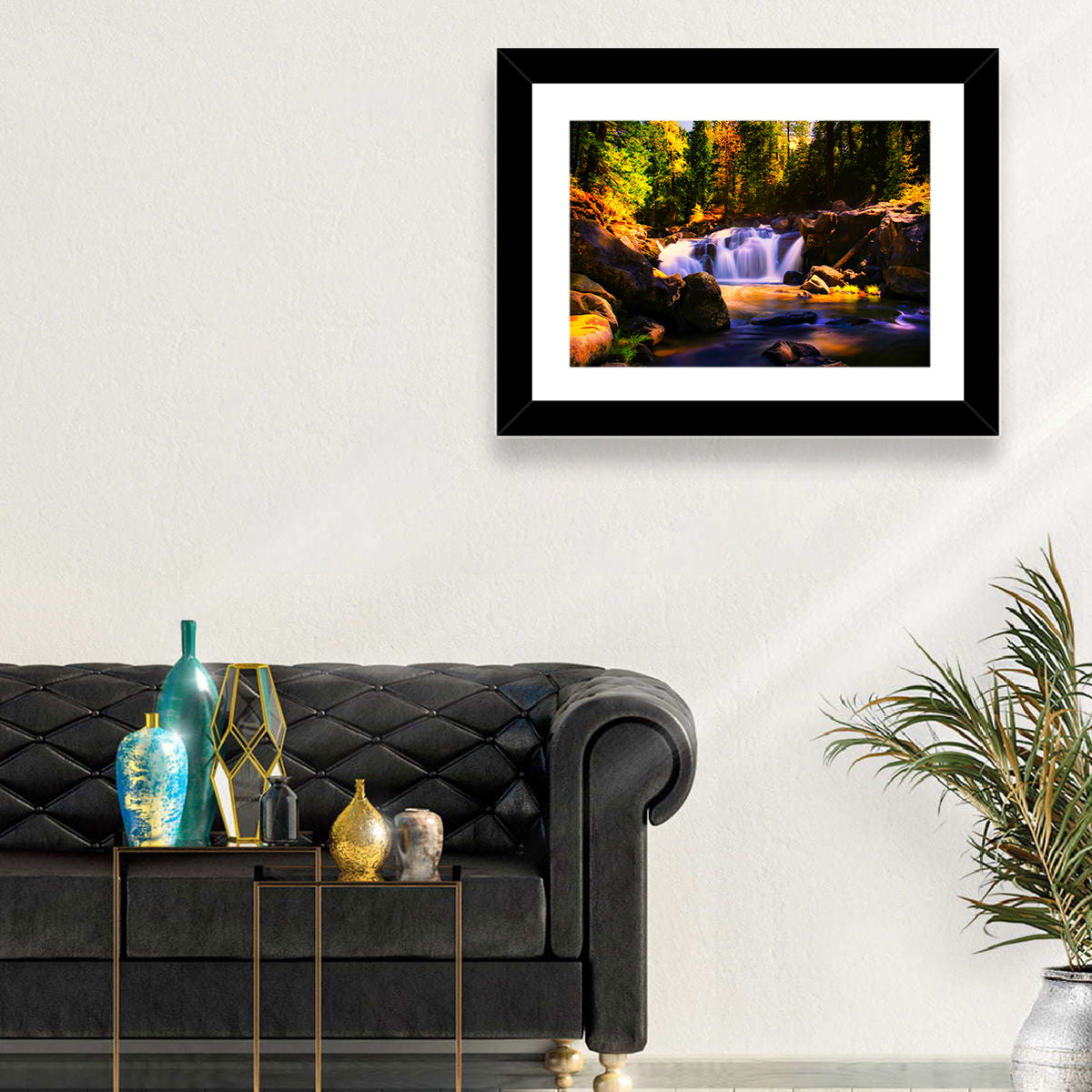Autumn Mountain Waterfall Wall Art in a room, landscape