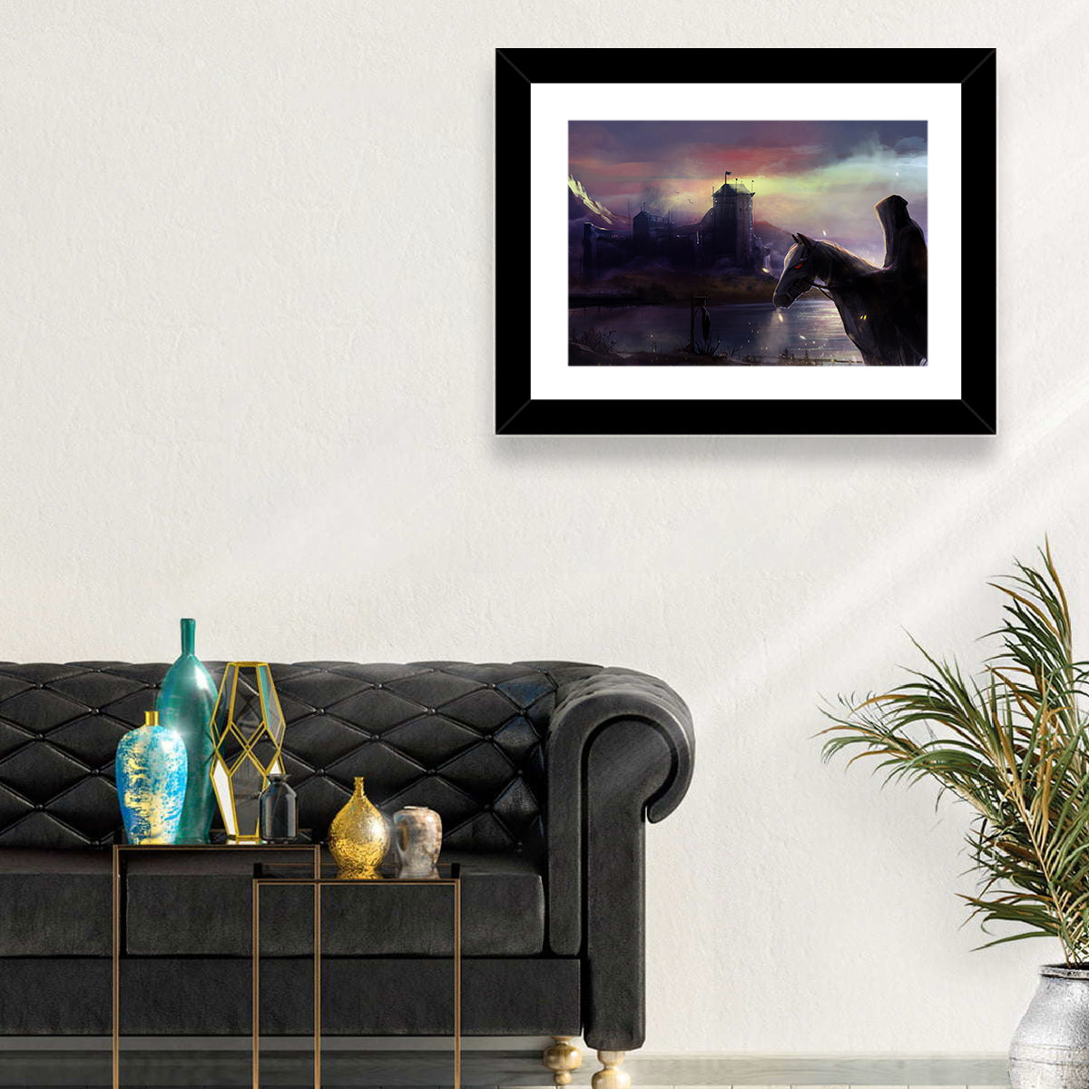 Horseman at Dusk by Misty Castle Wall Art in a room, landscape