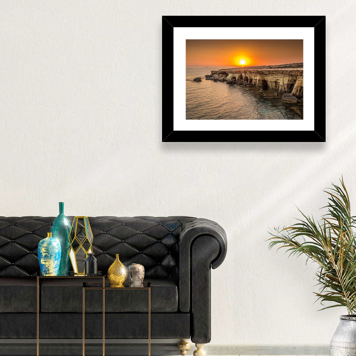 Sunset Over Sea Caves Wall Art in a room, landscape