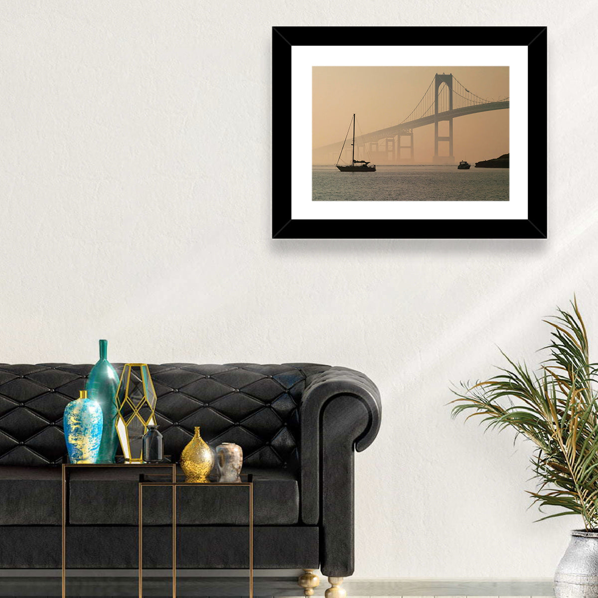 Newport Bridge in Golden Haze Wall Art in a room, landscape