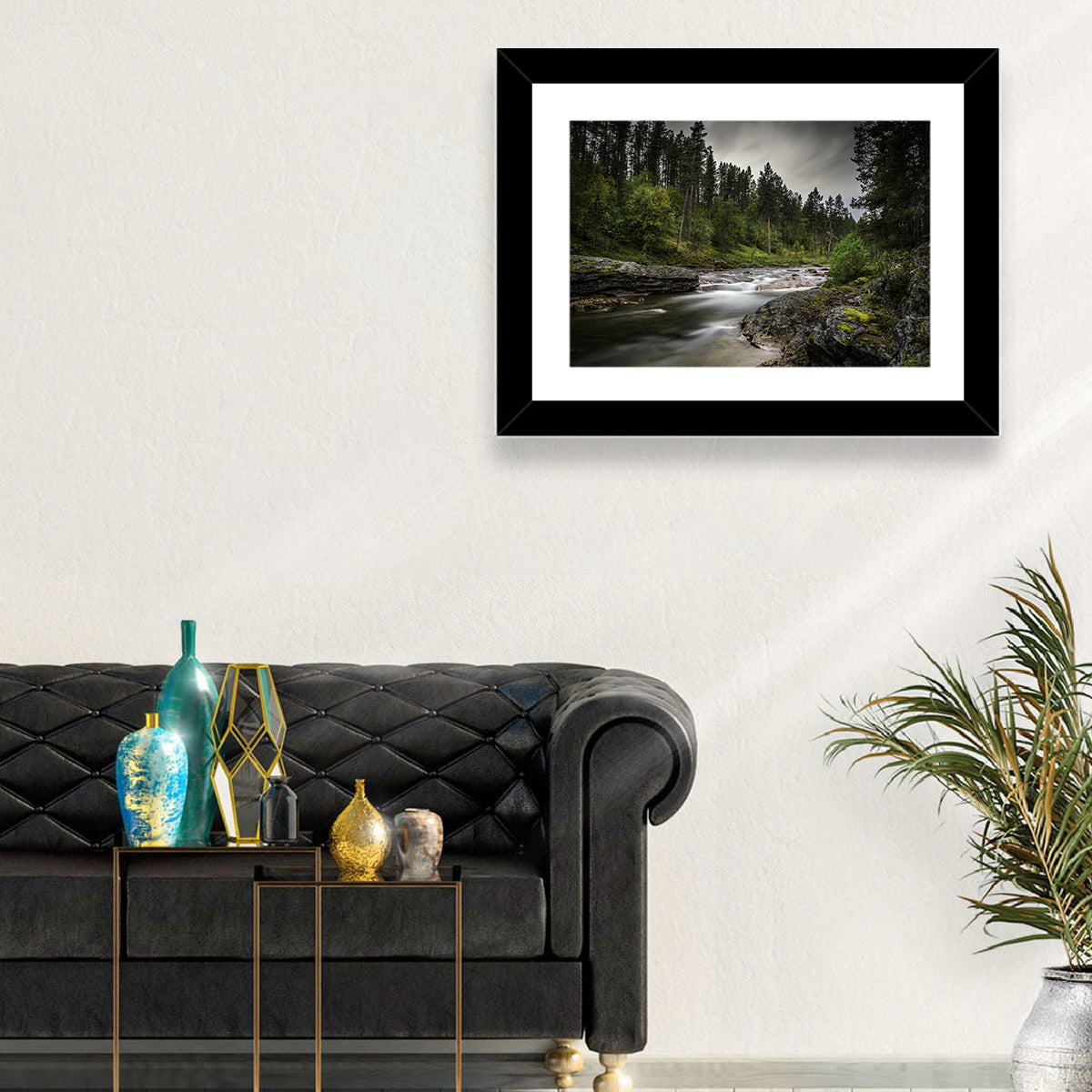 Mossy Forest Stream Wall Art in a room, landscape