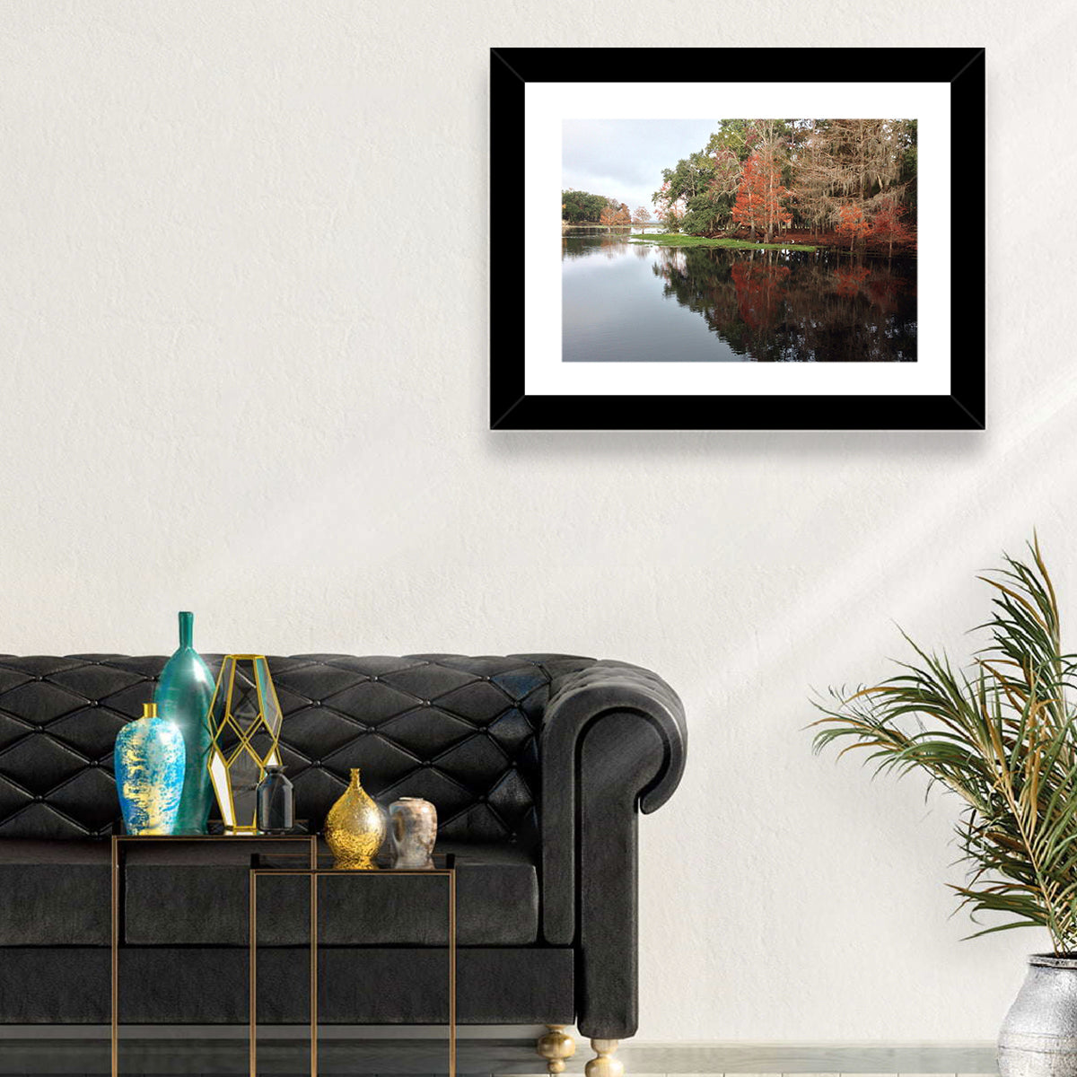 Autumn Lake Reflection Wall Art in a room, landscape