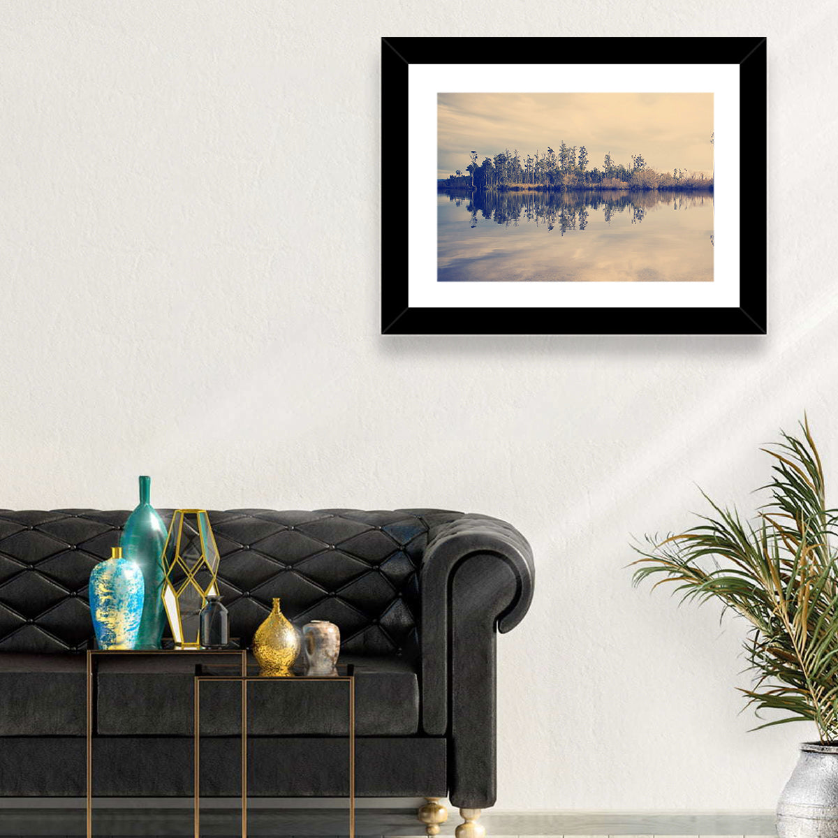 Sunset Over Forest Lake Wall Art in a room, landscape