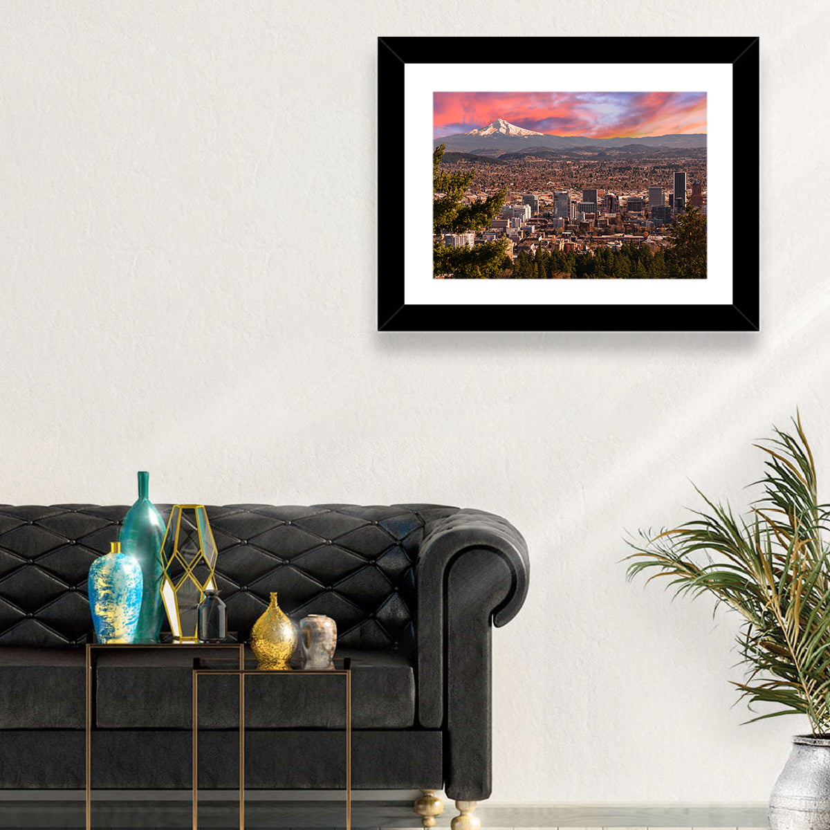 Portland Skyline at Sunset Wall Art in a room, landscape