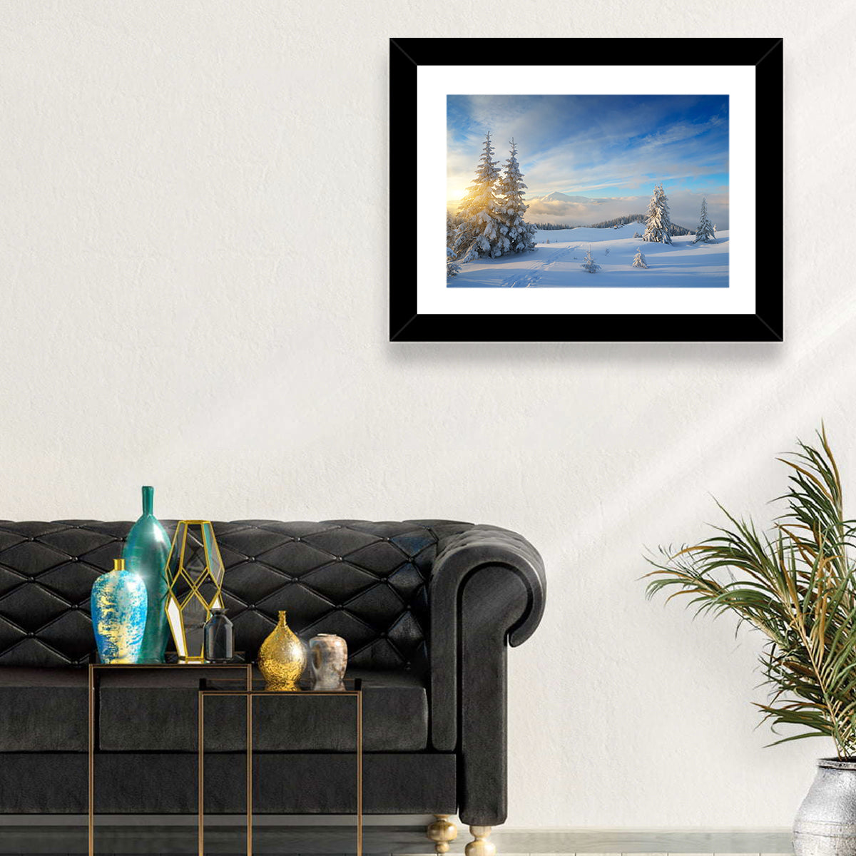 Carpathian Winter Sunrise Wall Art in a room, landscape