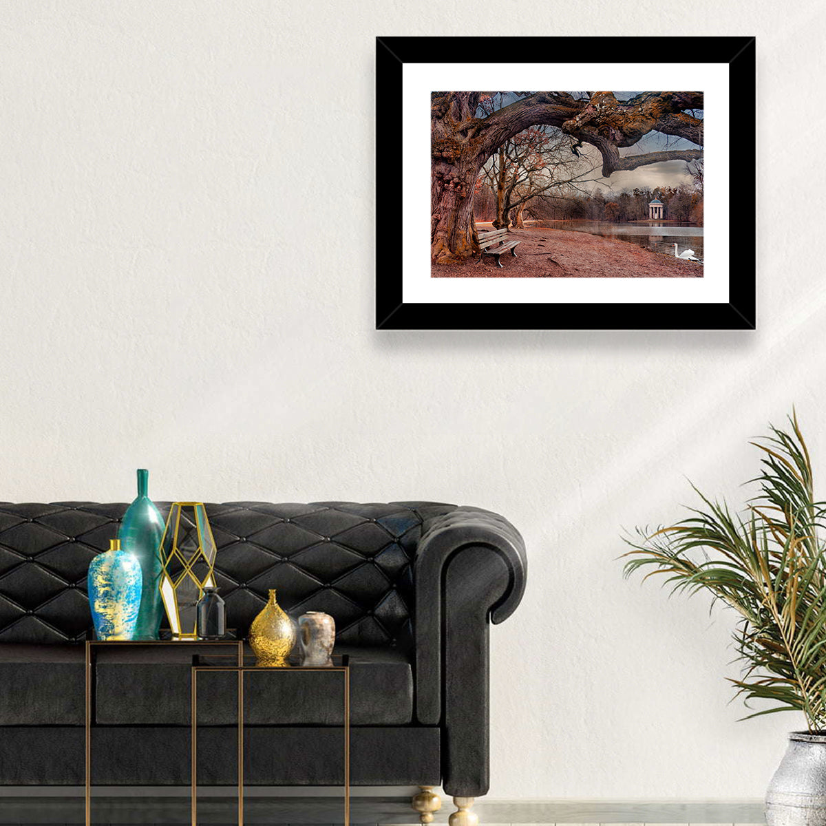 Autumn Pavilion with Swan Wall Art in a room, landscape