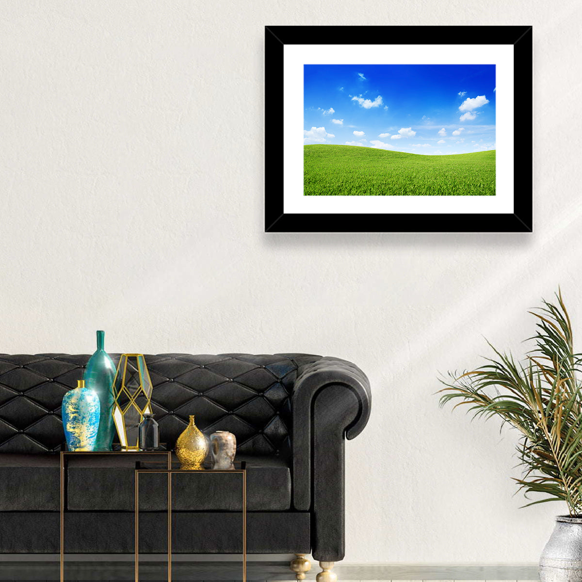 Rolling Green Meadow Under Blue Sky Wall Art in a room, landscape