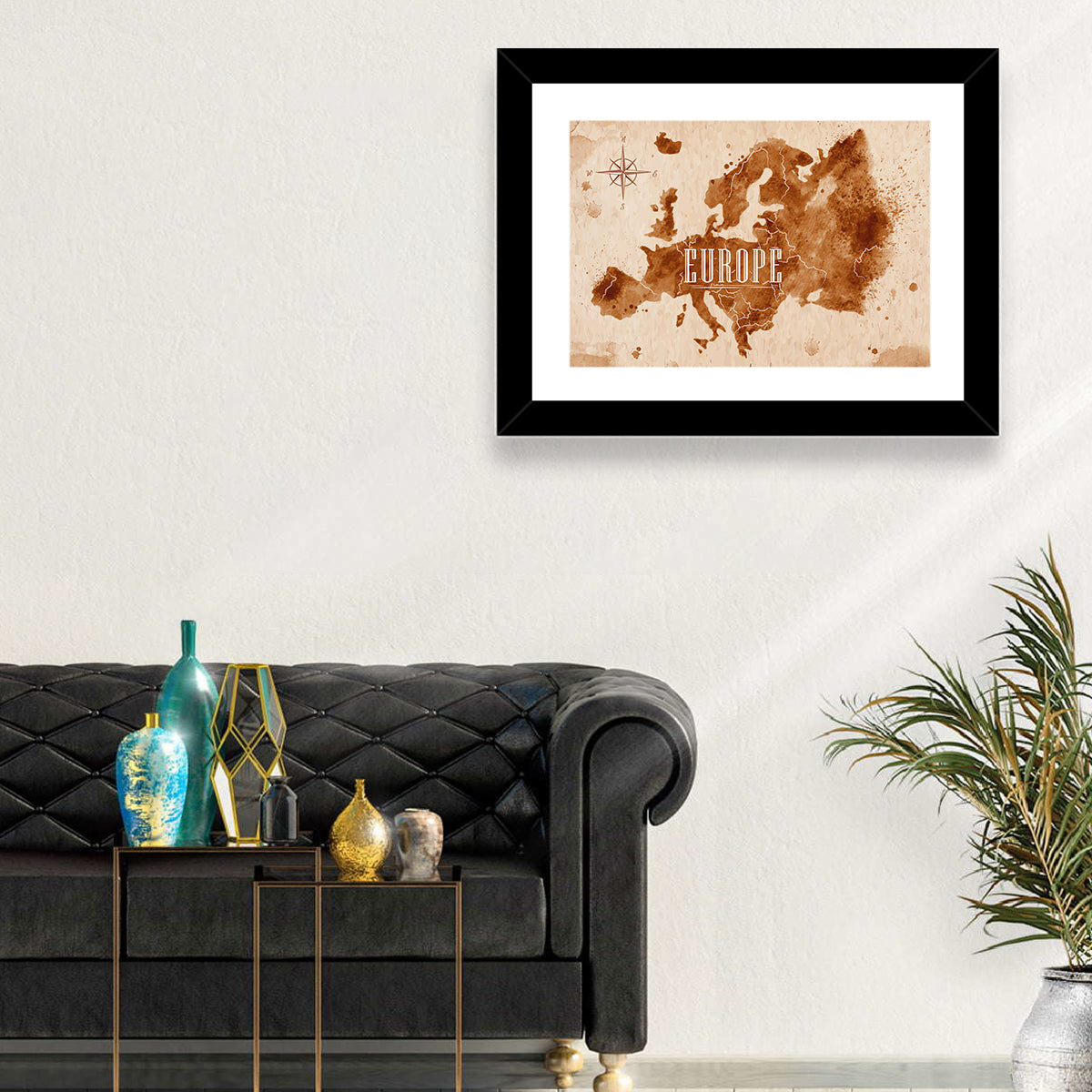 Retro Europe Map Wall Art in a room, landscape