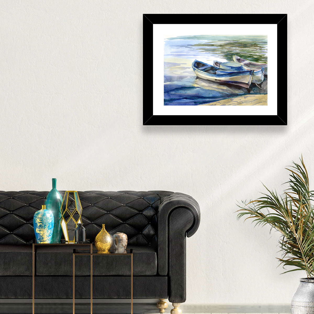 Watercolor Rowboats by the Shore Wall Art in a room, landscape