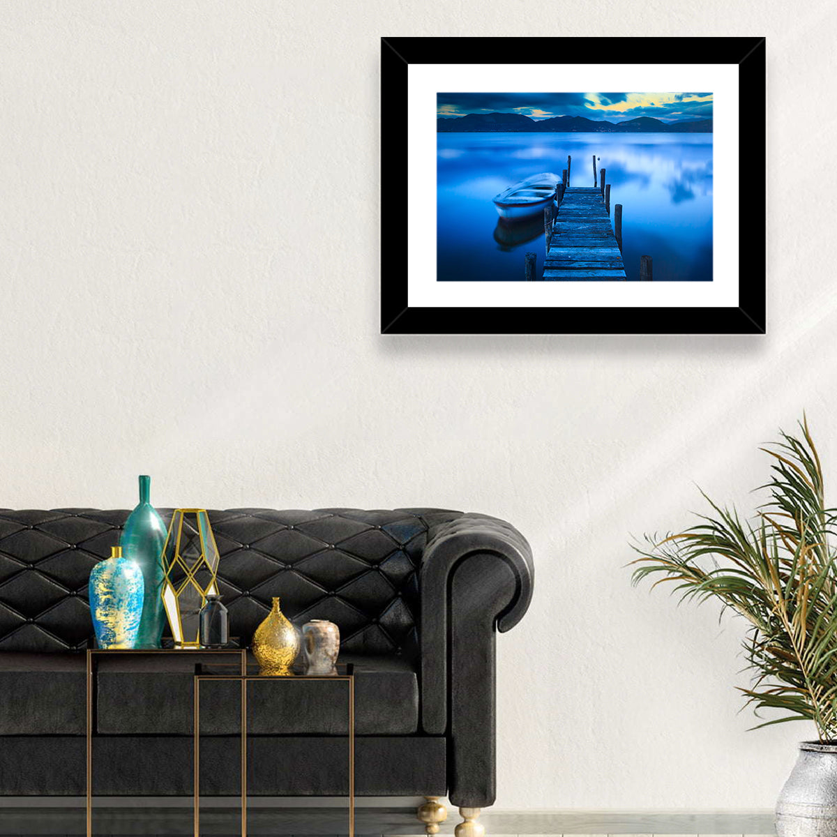 Boat and Wooden Pier Wall Art in a room, landscape