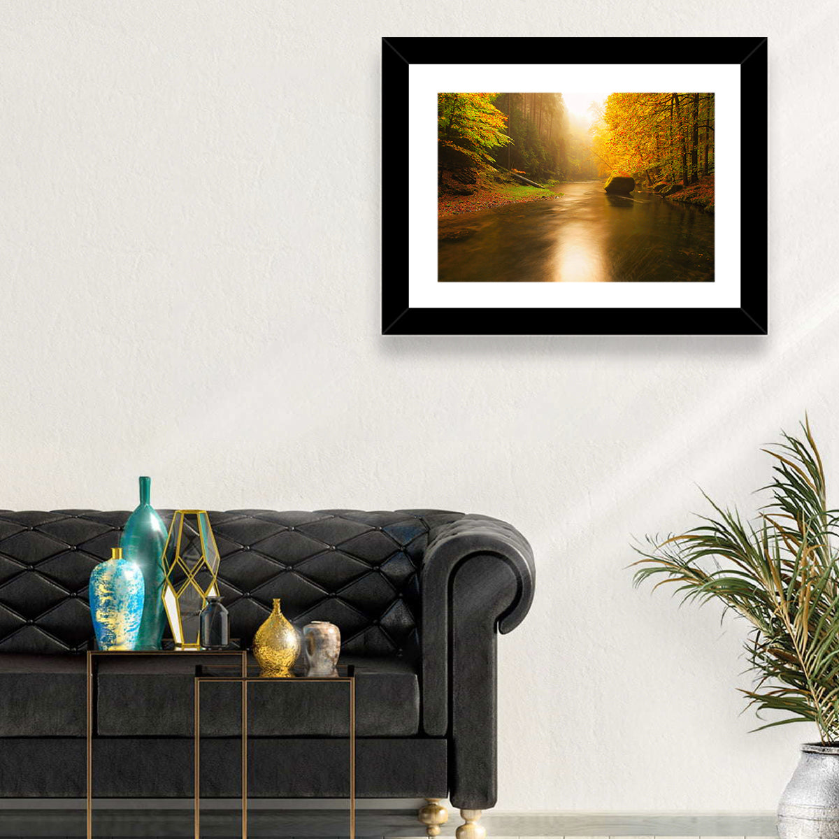 Misty Mountain River Wall Art in a room, landscape