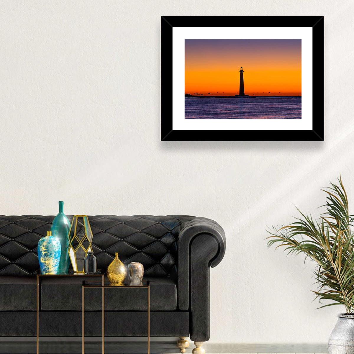 Minimalist Lighthouse Silhouette at Twilight Wall Art in a room, landscape