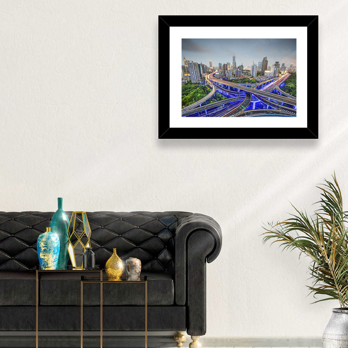 Shanghai Dusk Interchange Cityscape Wall Art in a room, landscape
