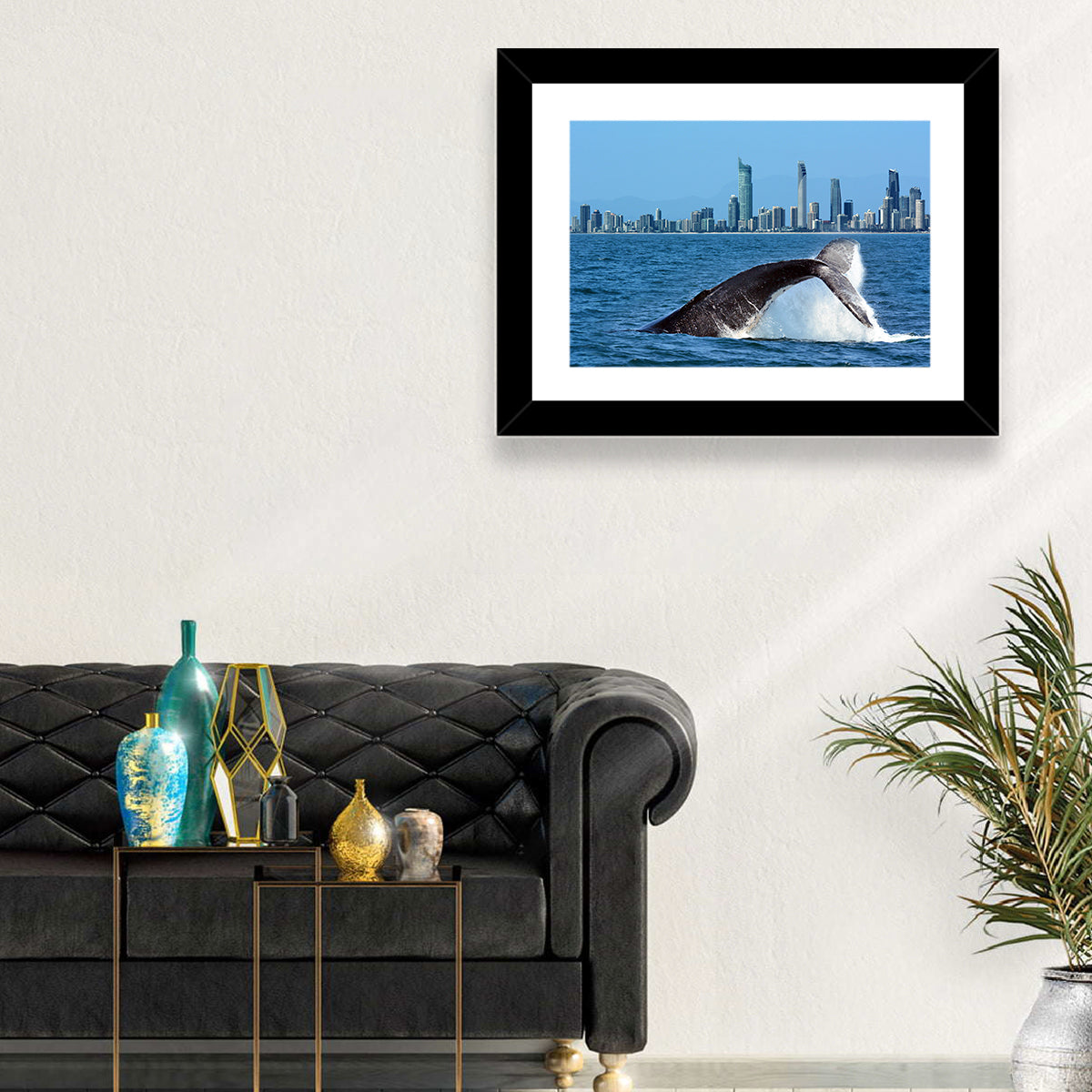 Gold Coast Whale and Skyline Wall Art in a room, landscape