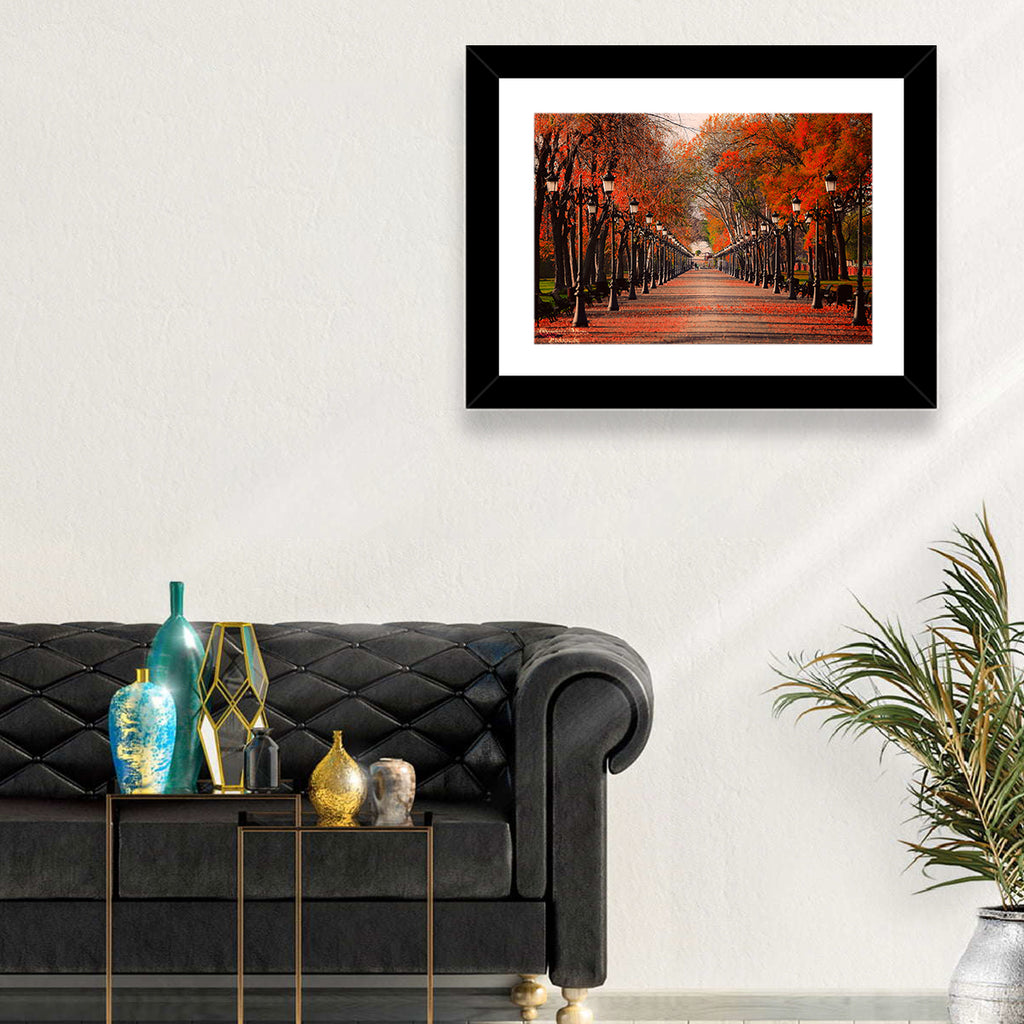 Autumn Park Path with Vintage Lampposts Wall Art