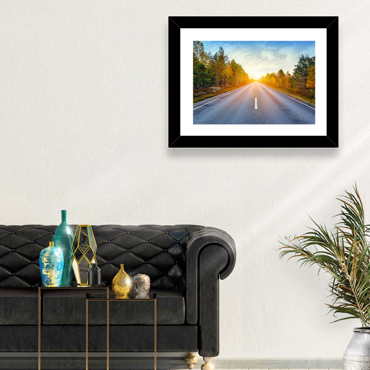 Sunlit Autumn Forest Road Wall Art in a room, landscape