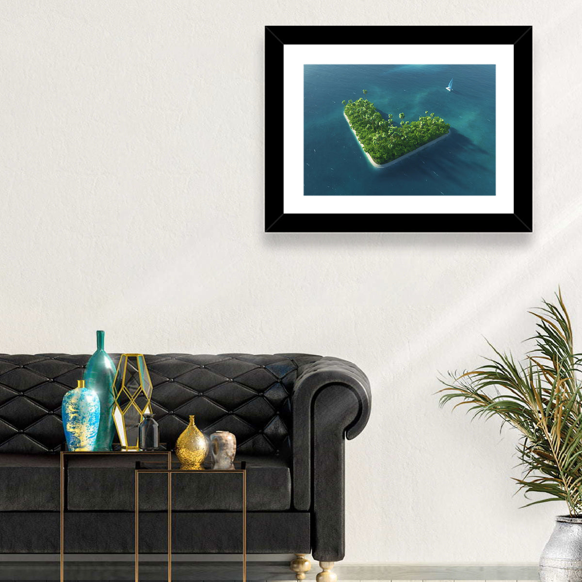 V-shaped Tropical Island with Distant Catamaran Wall Art in a room, landscape