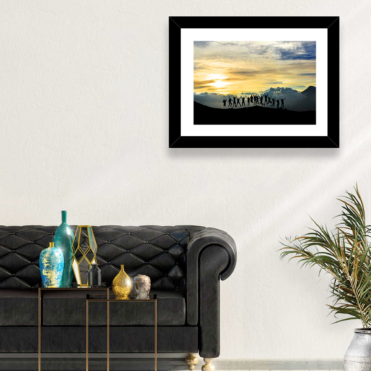 Golden Team Silhouettes at Sunset Wall Art in a room, landscape