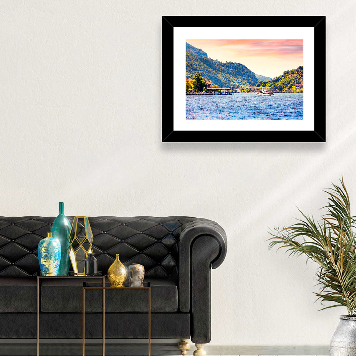 Lake Iseo Morning Harbor Wall Art in a room, landscape