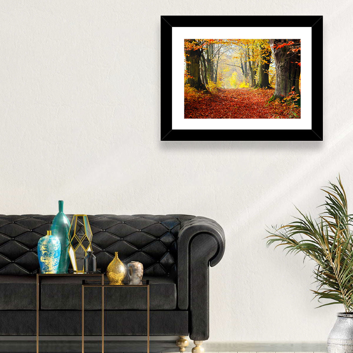 Misty Autumn Forest Path Wall Art in a room, landscape