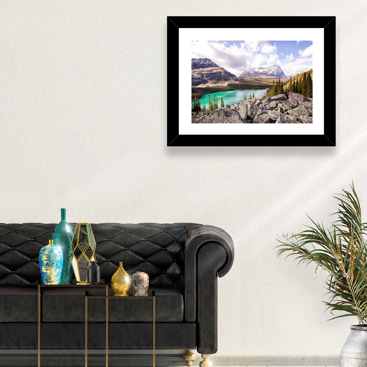 Lake Ohara Rocky Shore Wall Art in a room, landscape