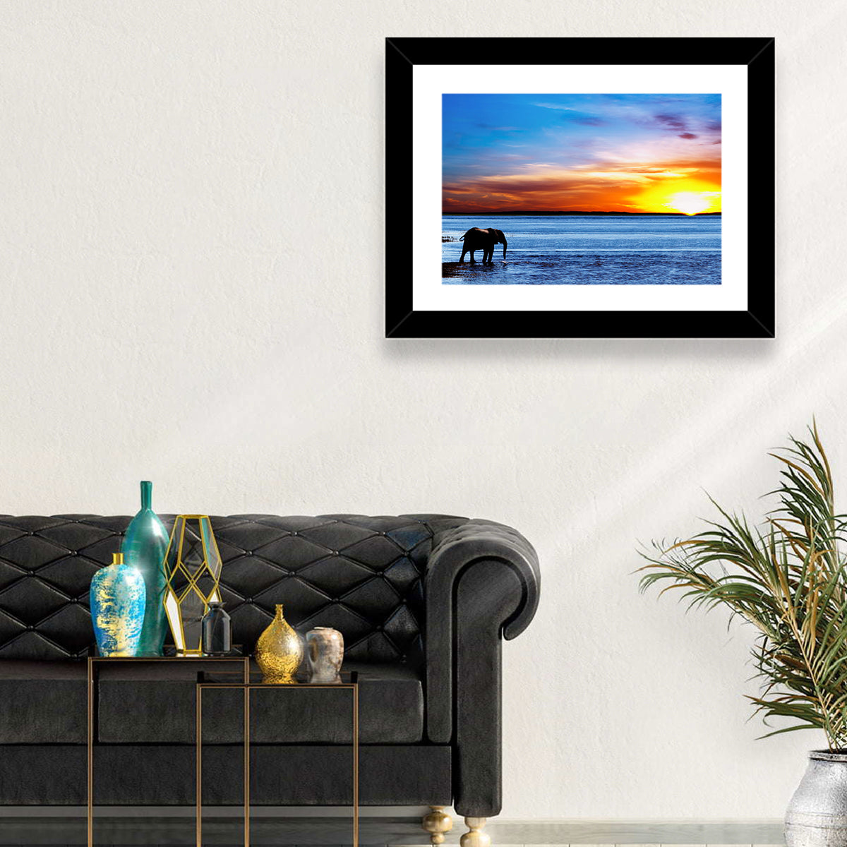 Elephant Silhouette at Beach Sunset Wall Art in a room, landscape