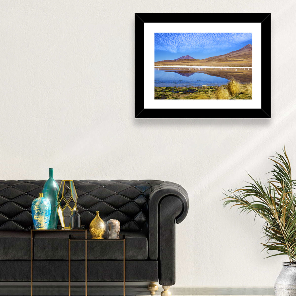 Red Lagoon Flamingo Reflection Wall Art in a room, landscape