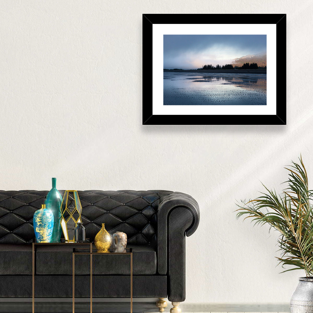 Lake Clark Foggy Shoreline Wall Art in a room, landscape
