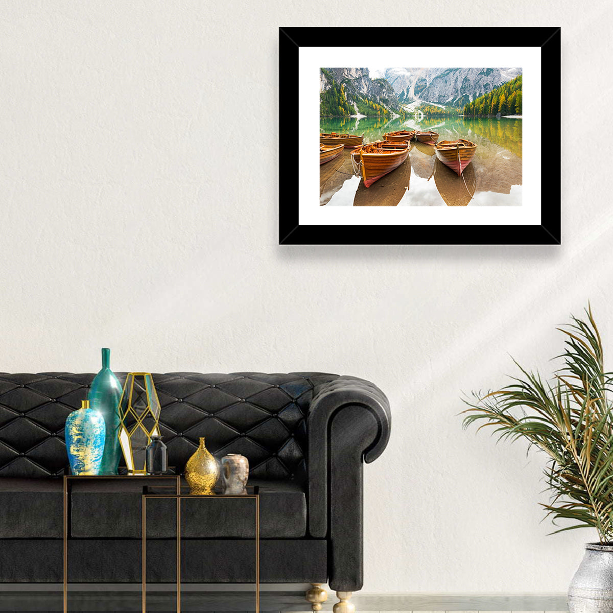Rowboats on Lake Braies Wall Art in a room, landscape