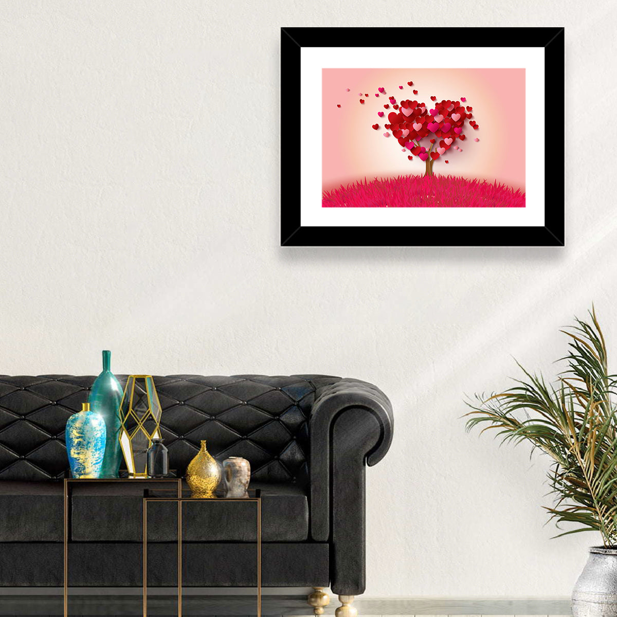 Whimsical Heart Tree Illustration Wall Art in a room, landscape