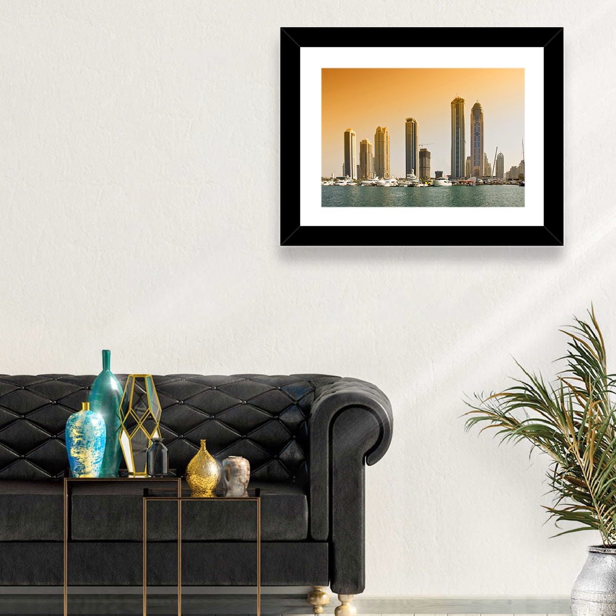 Dubai Marina Sunset Skyline with Yachts Wall Art in a room, landscape