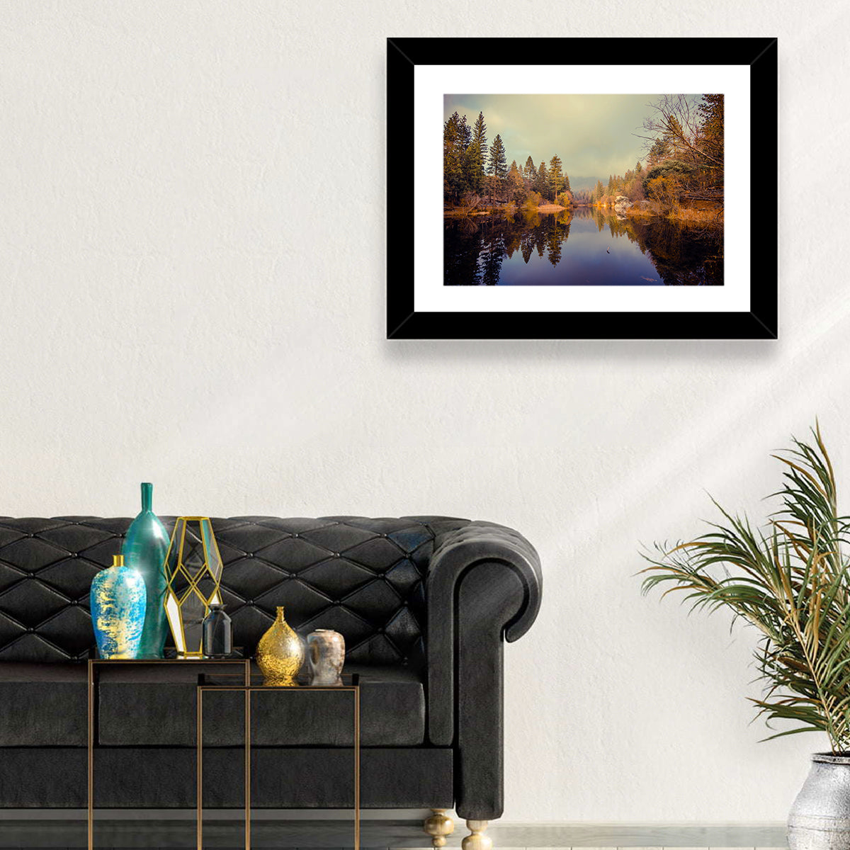 Misty Lake Fulmor Reflection Wall Art in a room, landscape