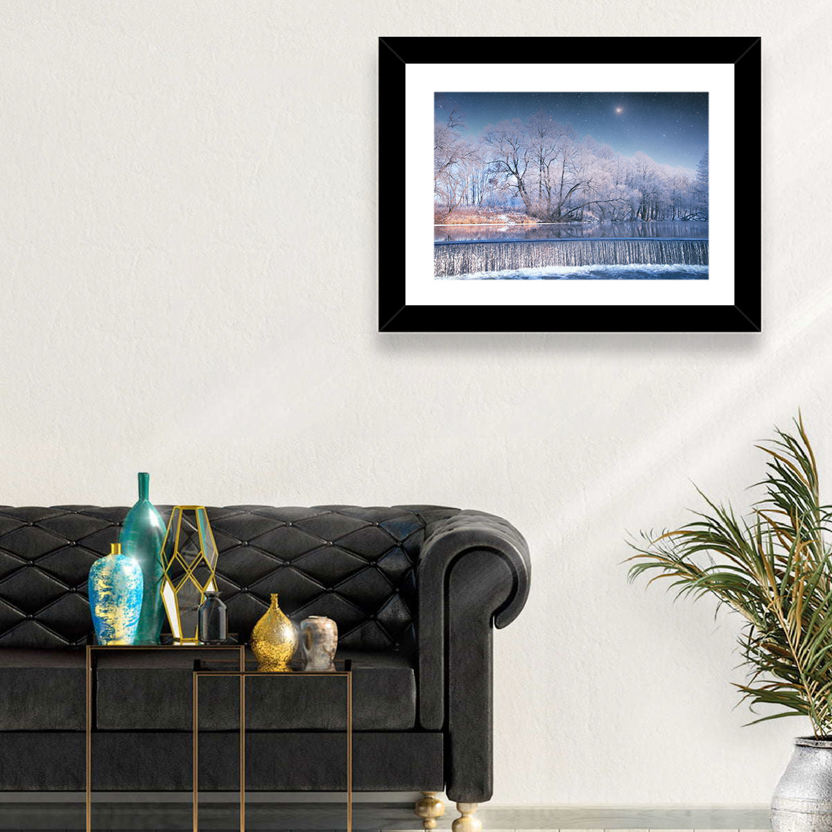 Starlit Winter Waterfall Wall Art in a room, landscape