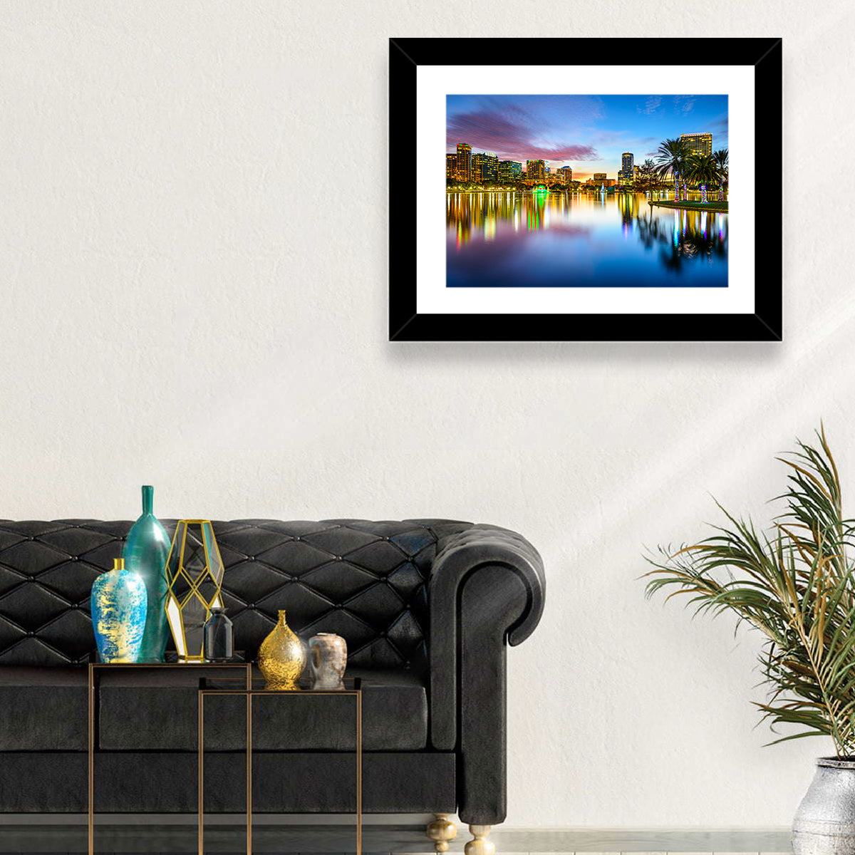Orlando Lake Eola Skyline Wall Art in a room, landscape