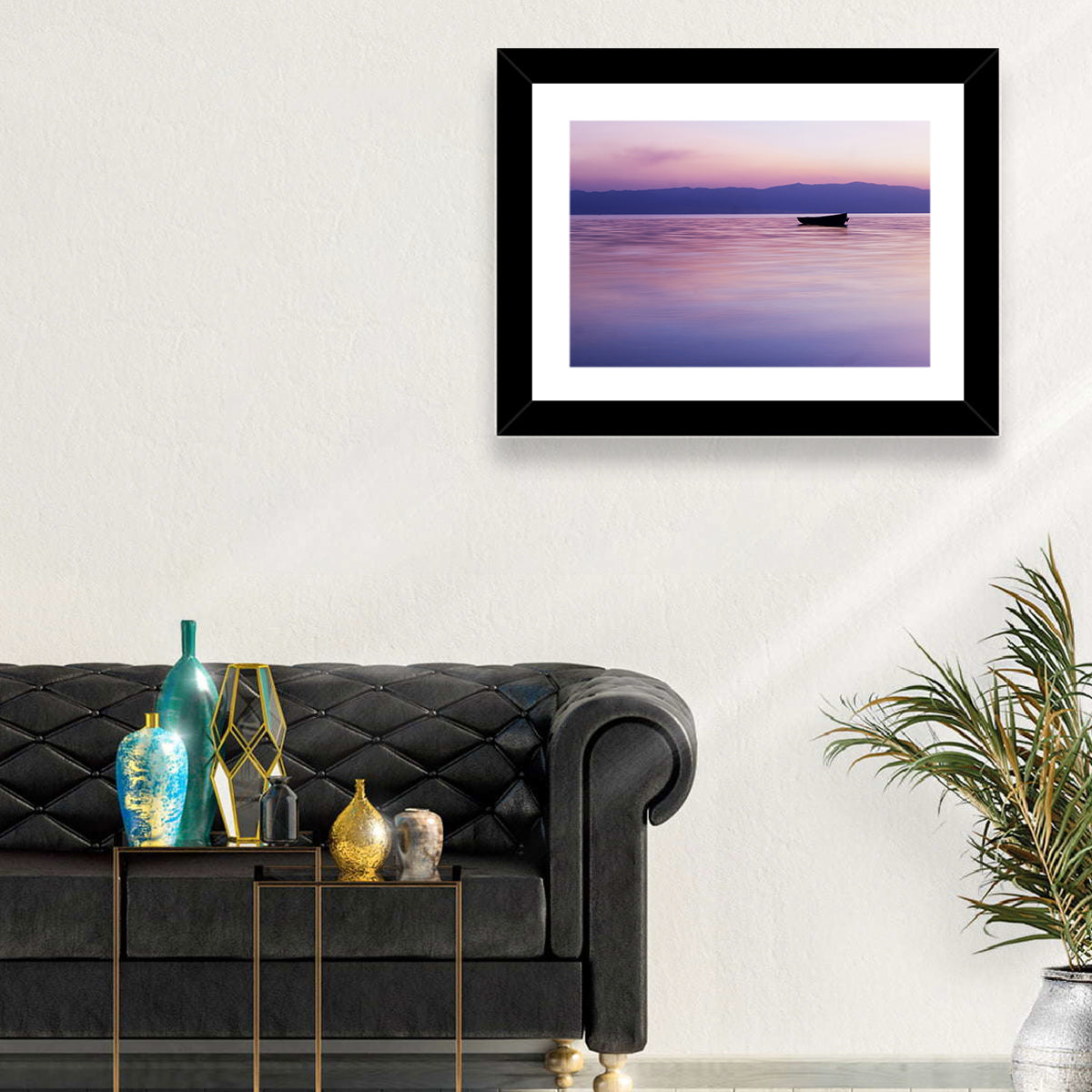 Lavender Lake Ohrid Sunset Wall Art in a room, landscape