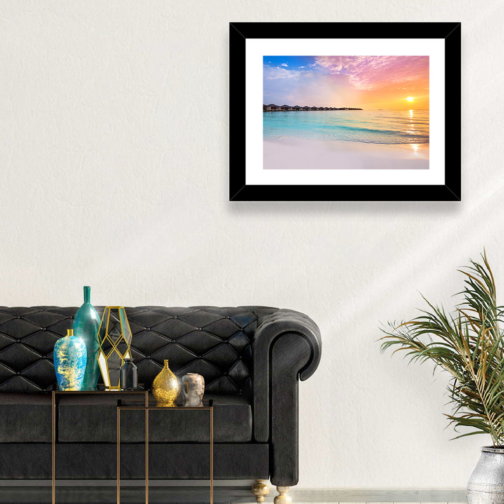 Overwater Bungalows at Sunset Wall Art