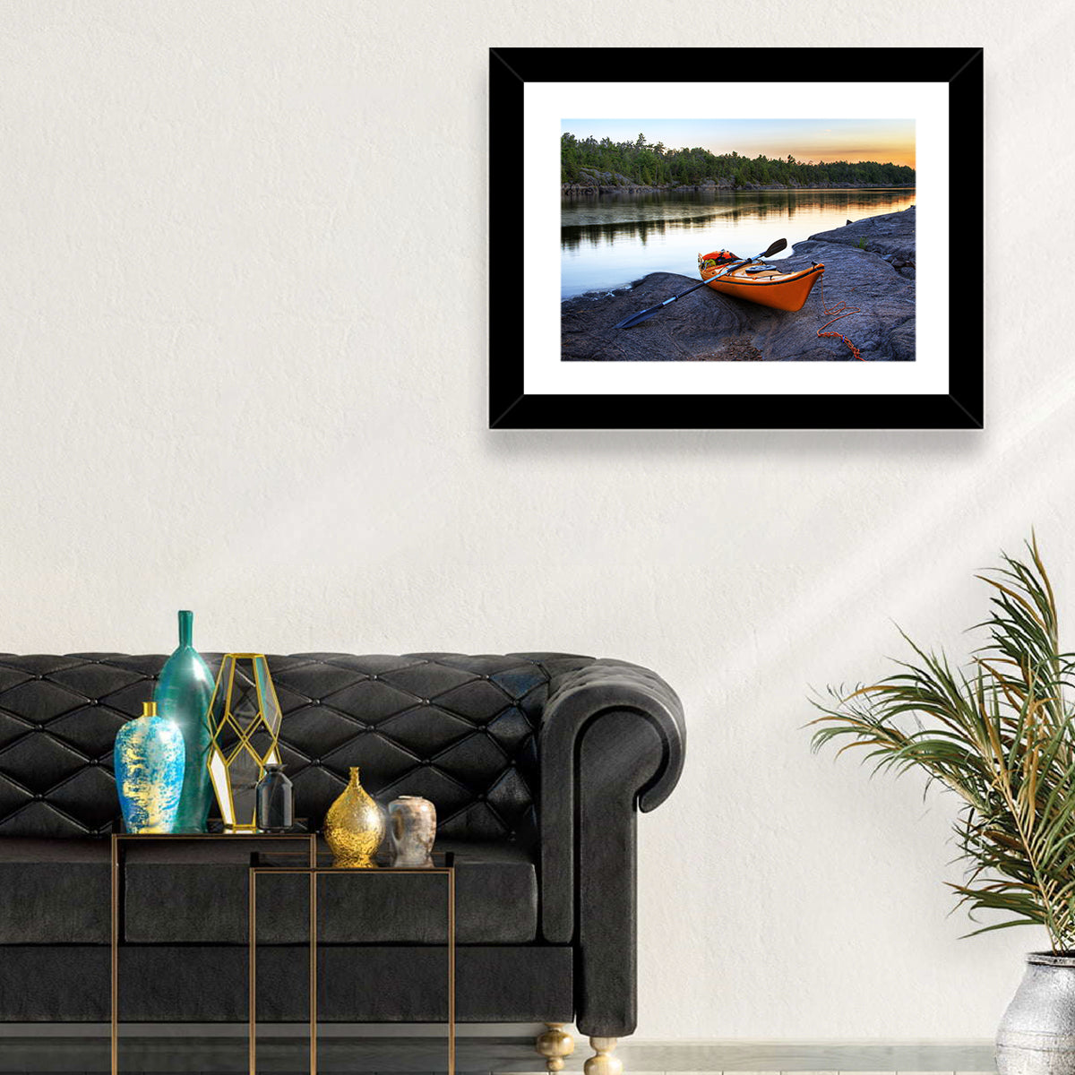 Orange Kayak on Rocky Shore Wall Art in a room, landscape