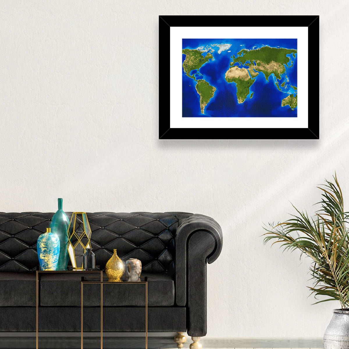 Satellite-style Blue World Map Wall Art in a room, landscape