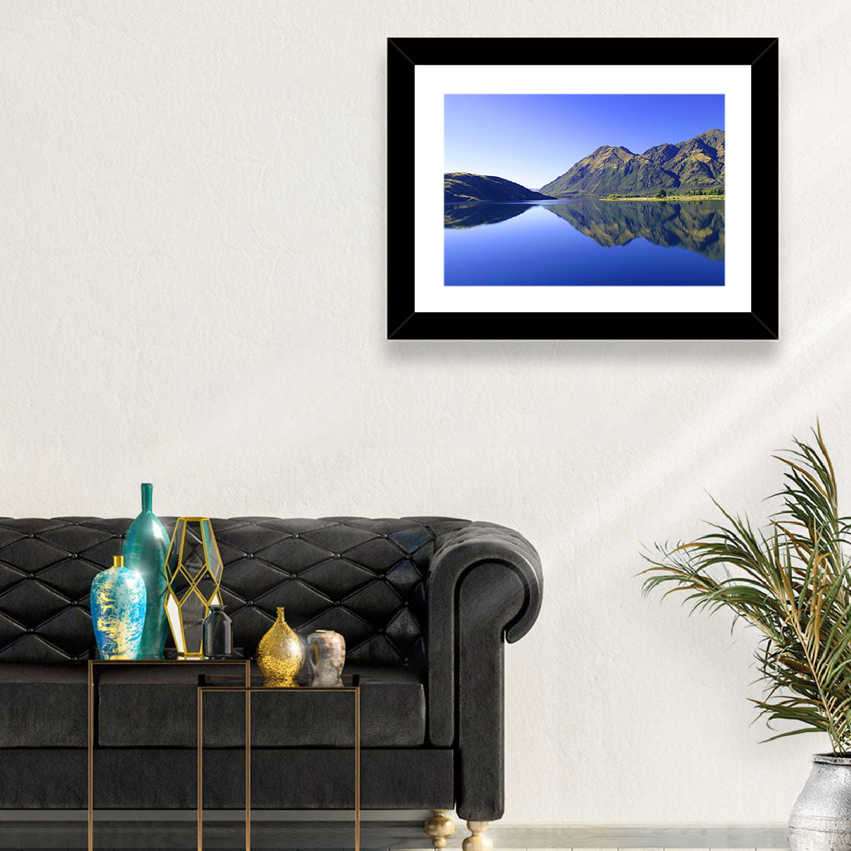 Lake Hawea Mirror Reflection Wall Art in a room, landscape