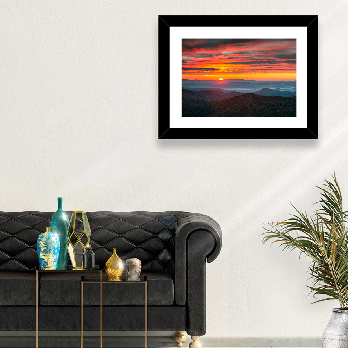Blue Ridge Sunrise Over Misty Ridges Wall Art in a room, landscape