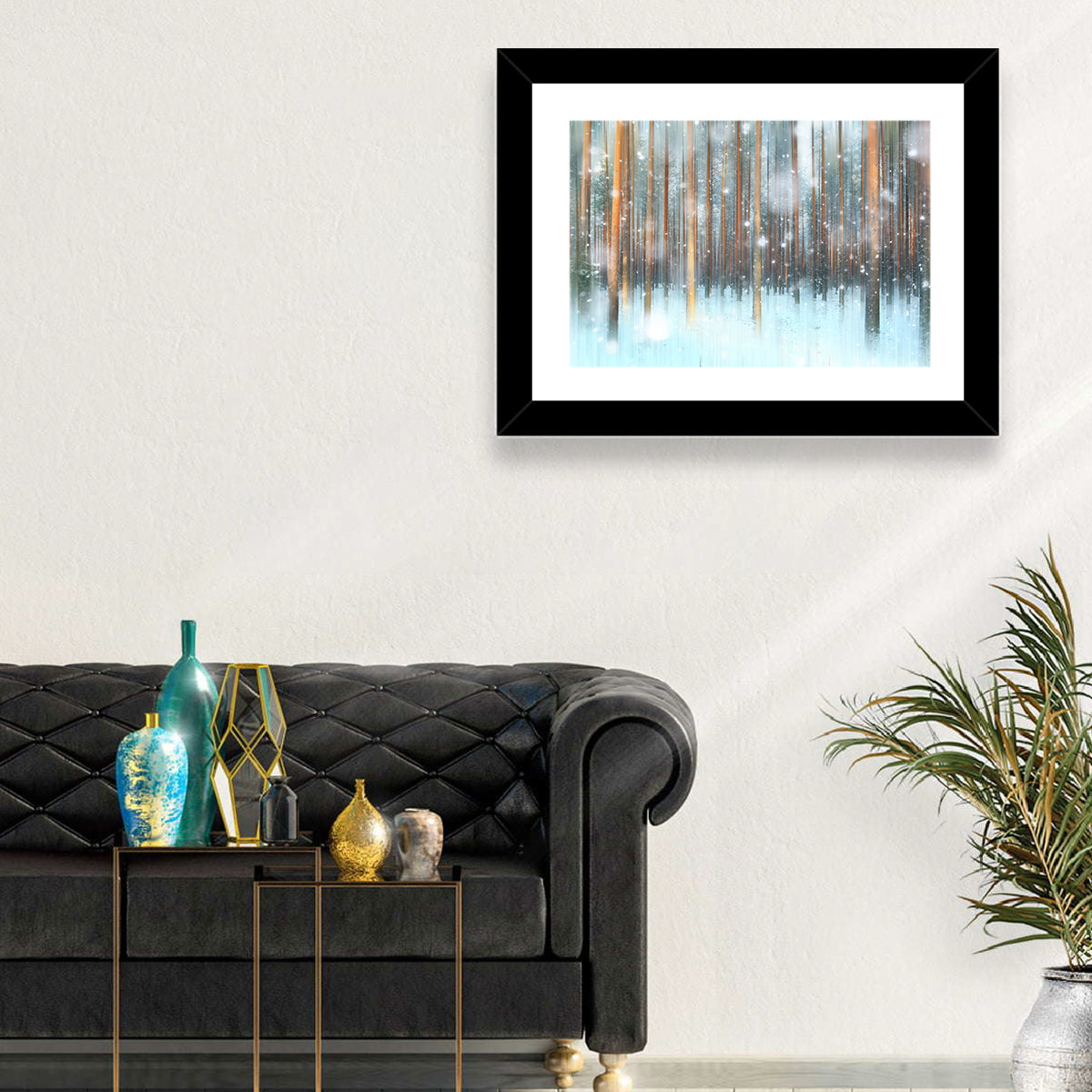 Ethereal Snowy Pine Forest Wall Art in a room, landscape