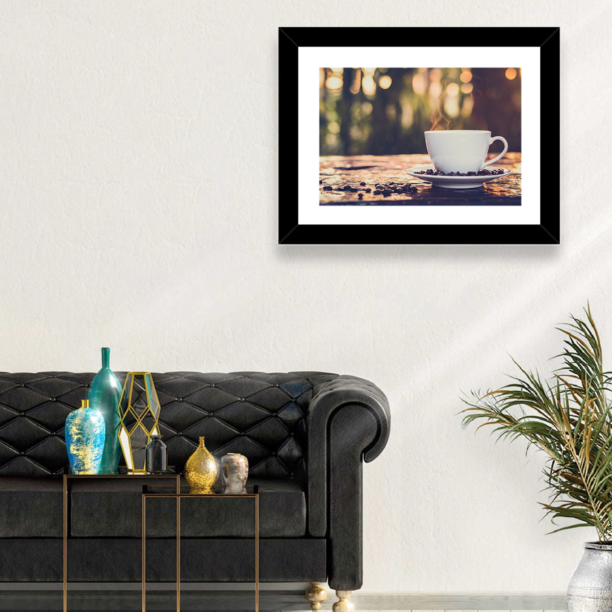 Steaming White Coffee Cup Wall Art in a room, landscape