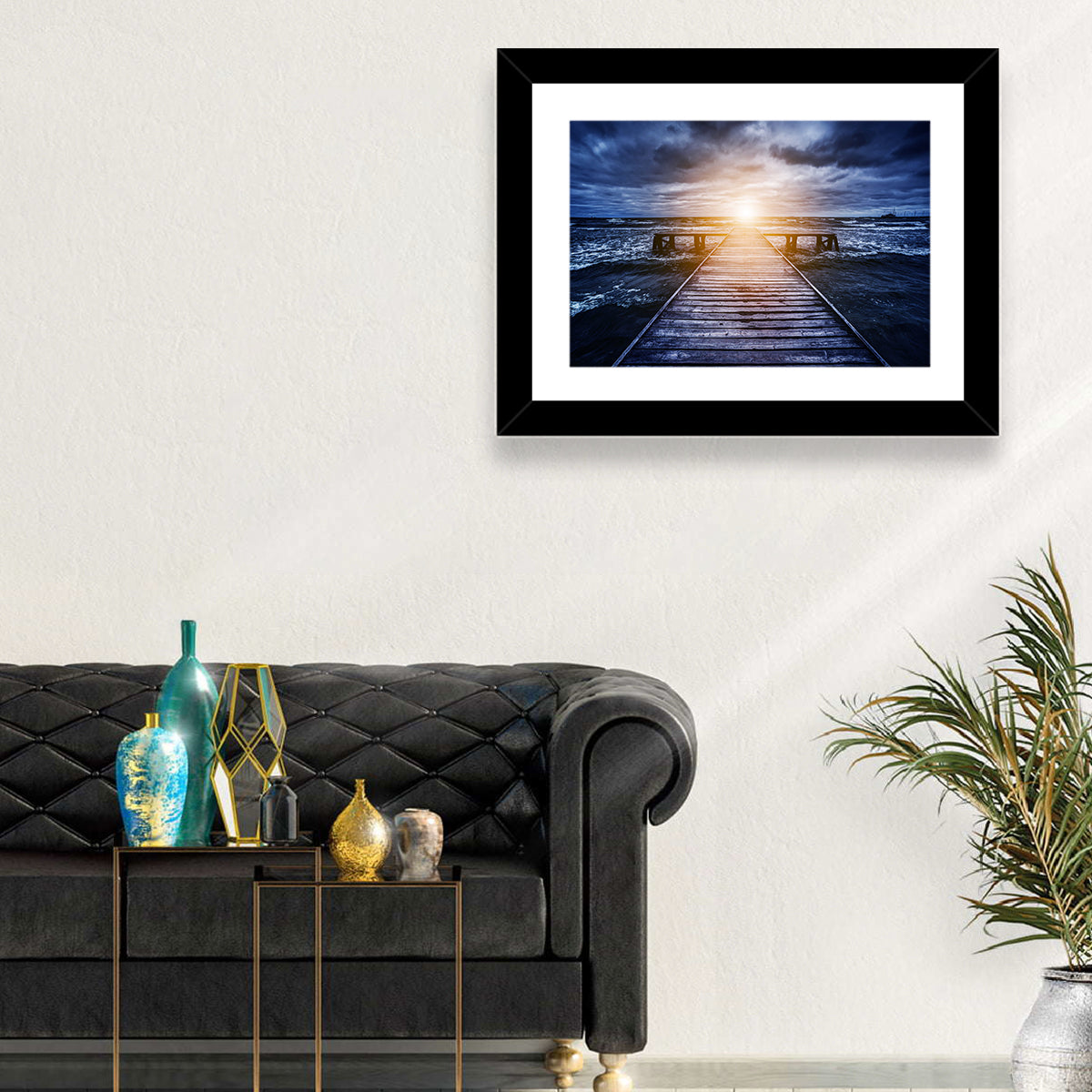 Sunlit Wooden Jetty at Dusk Wall Art in a room, landscape